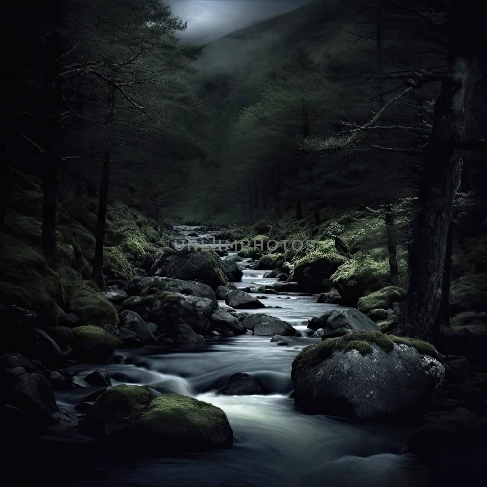 Beautiful landscape image of a mountain river flowing through a dark forest