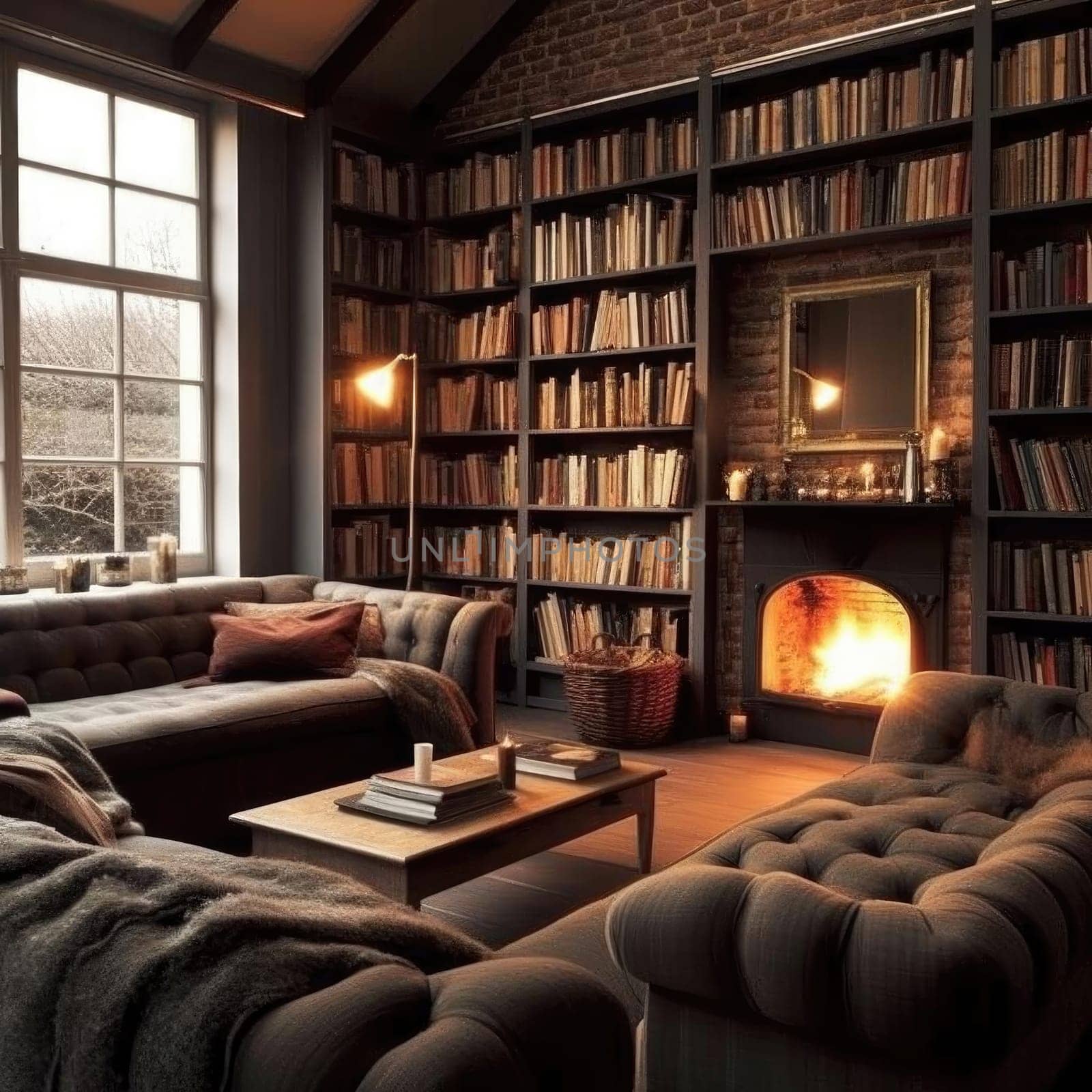 Interior of a living room with a fireplace and bookshelves
