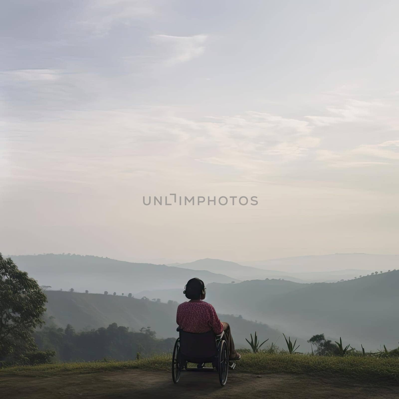 Silhouette of a woman sitting in a wheelchair on the mountain
