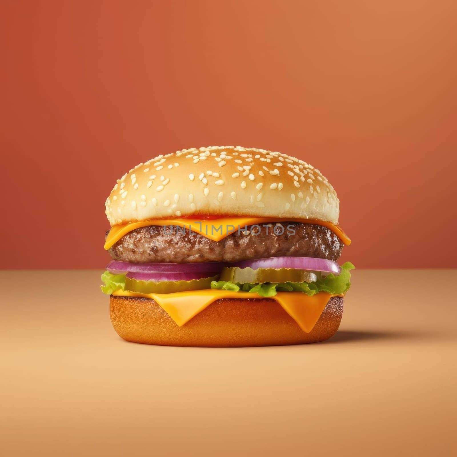 Hamburger on a orange background - 3D rendering illustration
