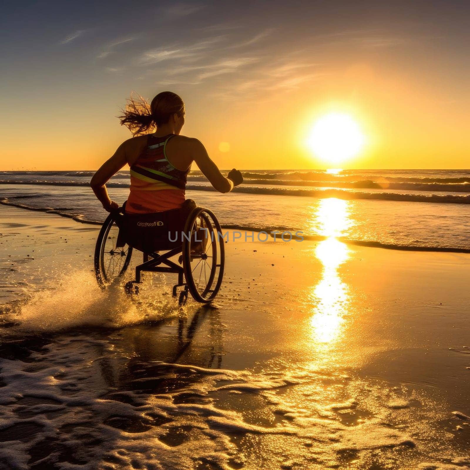 Young woman in a wheelchair on the beach at sunset, silhouette