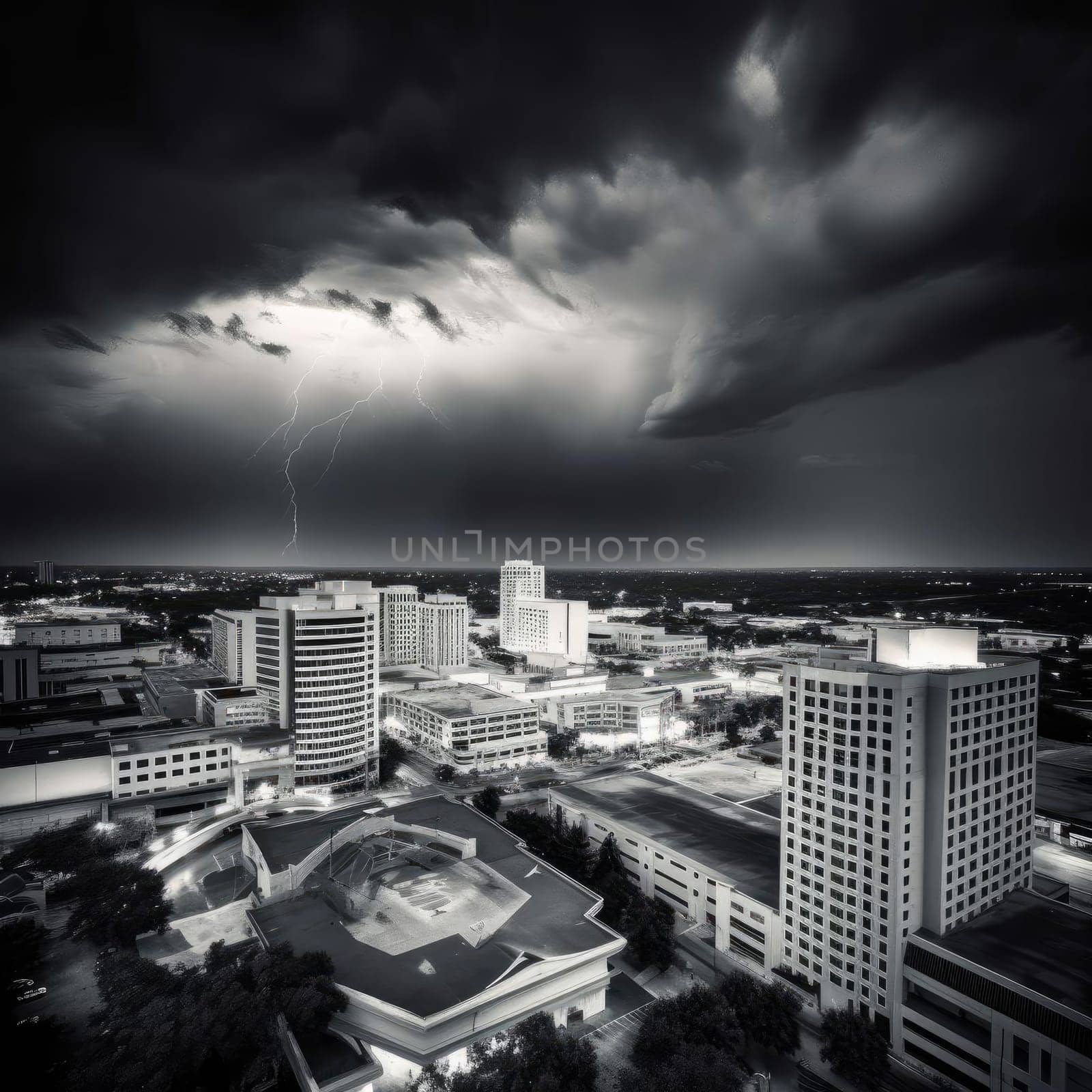 Stormy sky over the city - black and white toned image