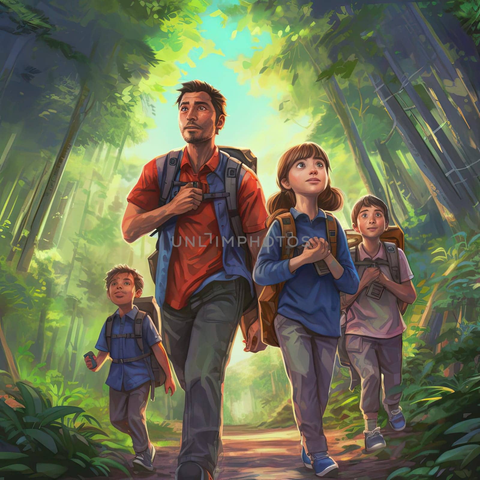 Family hiking in the jungle - digital painting - conceptual illustration