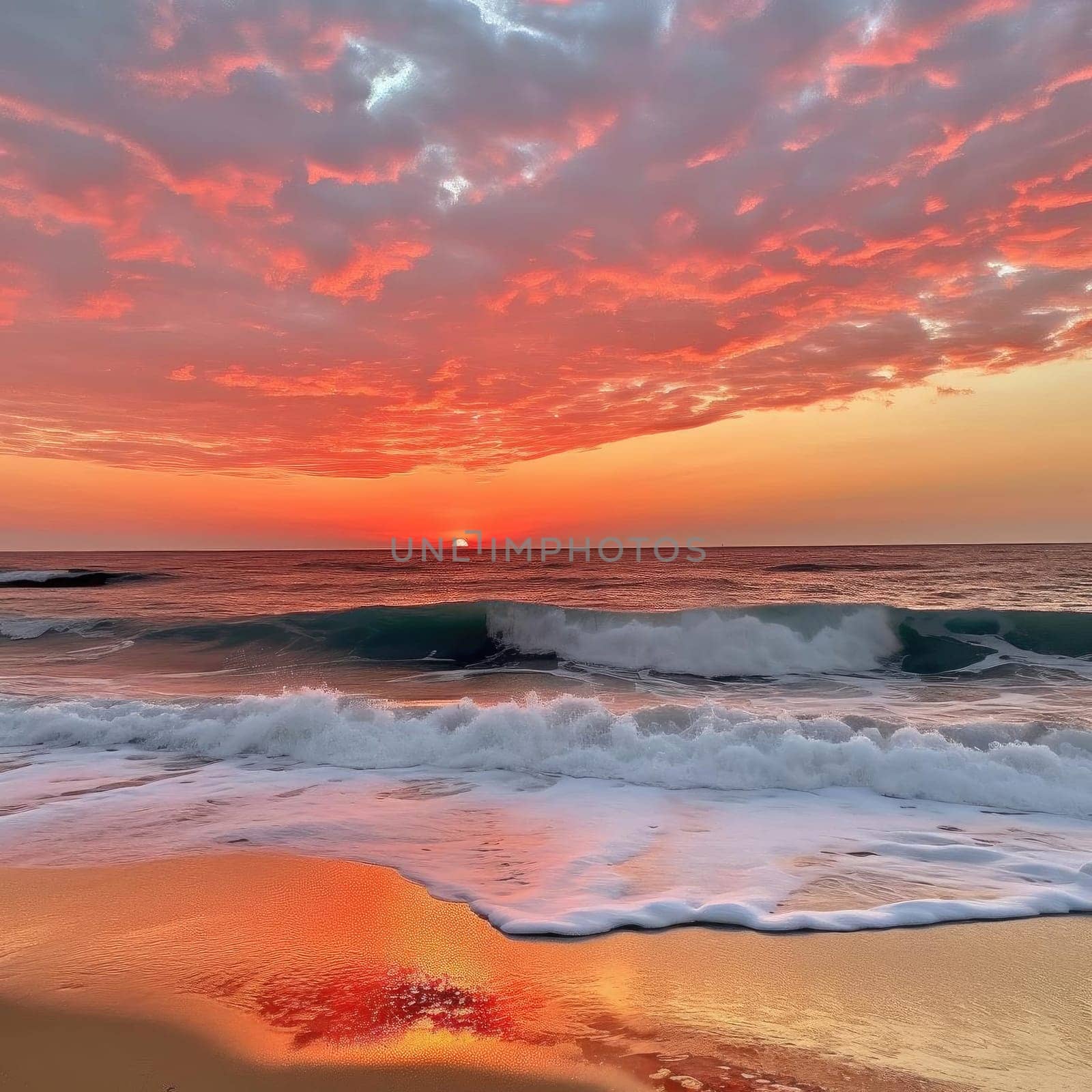 Beautiful sunset over the sea - colorful sky and waves