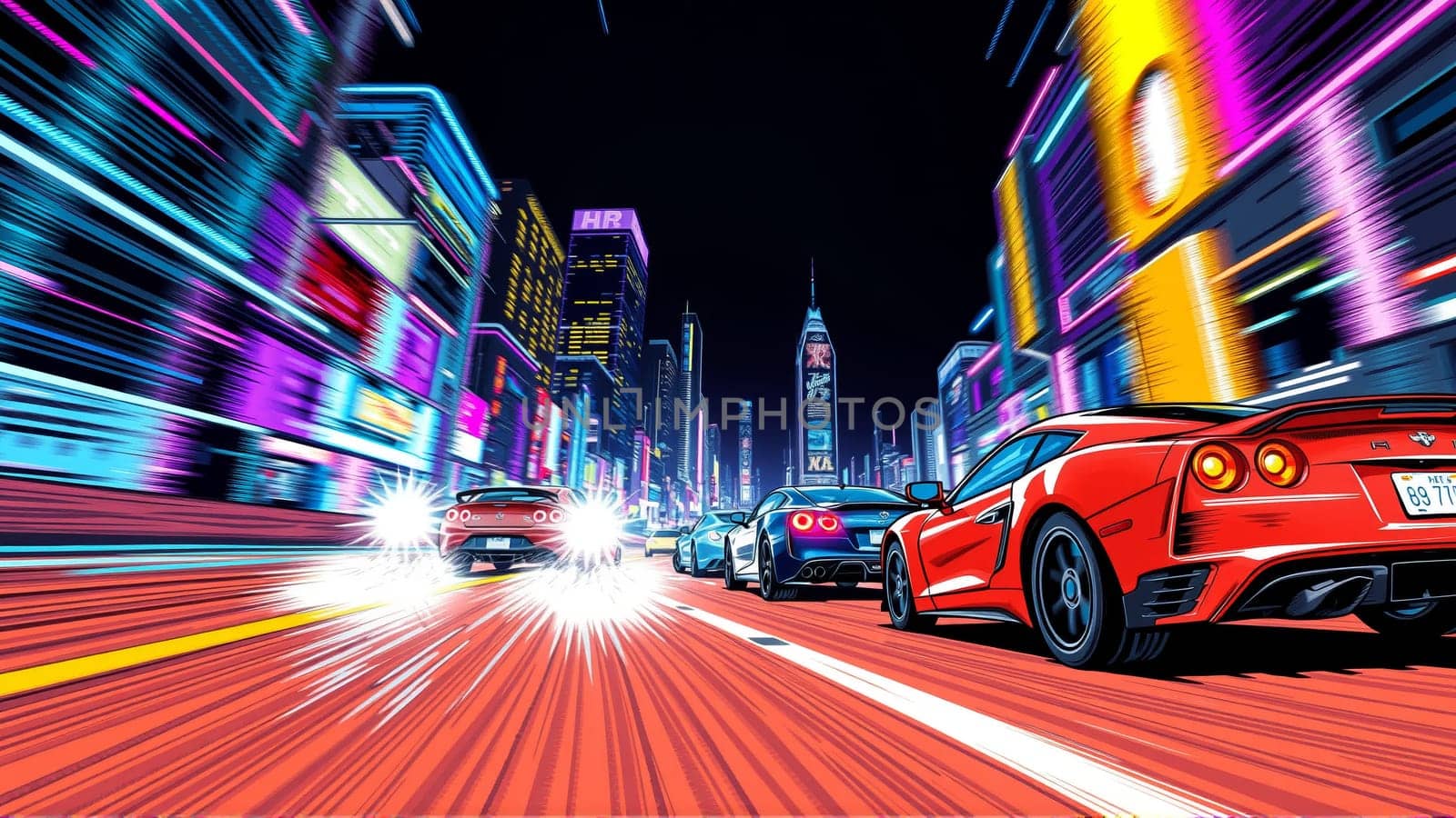 Red cars participate in races. Image of speed on a race track. High quality photo
