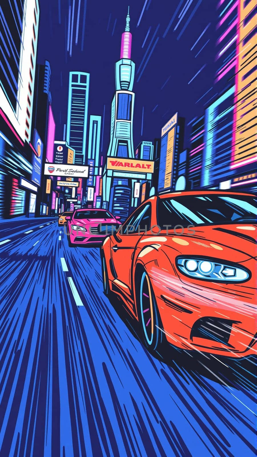 Red cars participate in races. Image of speed on a race track. High quality photo