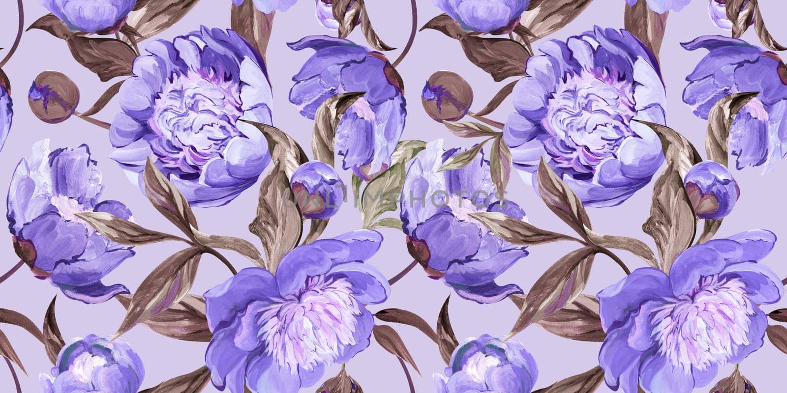 Botanical seamless pattern with peonies and sakura branches drawn in gouache for textile and design