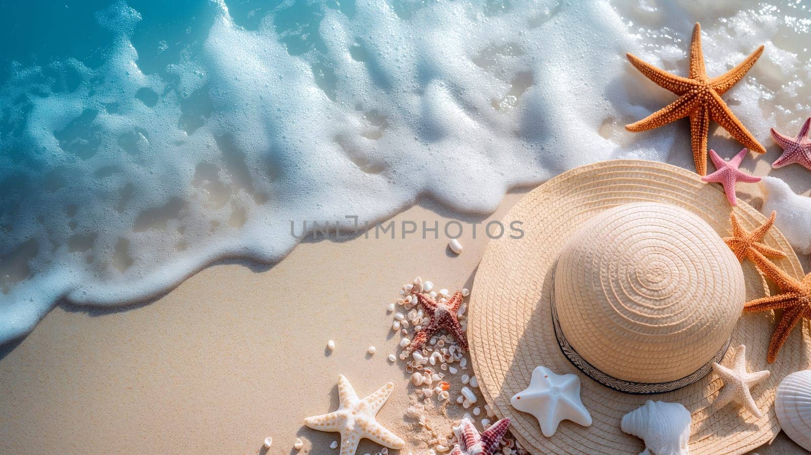 A beach setting features a wide-brimmed sun hat surrounded by various seashells and starfish, with gentle ocean waves lapping at the sandy shore - Summer holidays - Generative AI