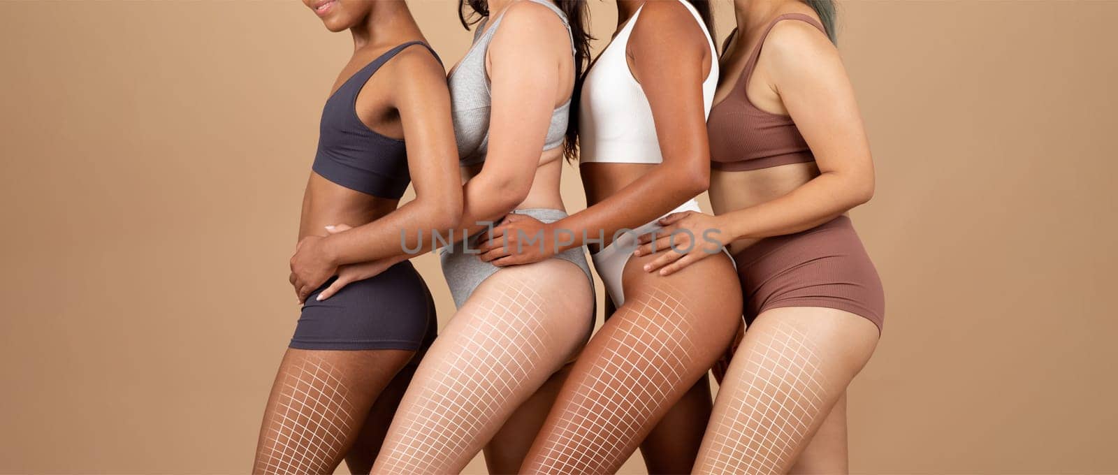 In a serene studio, multiracial women stand confidently in a row showcasing diverse body shapes. They embrace body sculpting and skin care, highlighting curves in a nurturing environment.