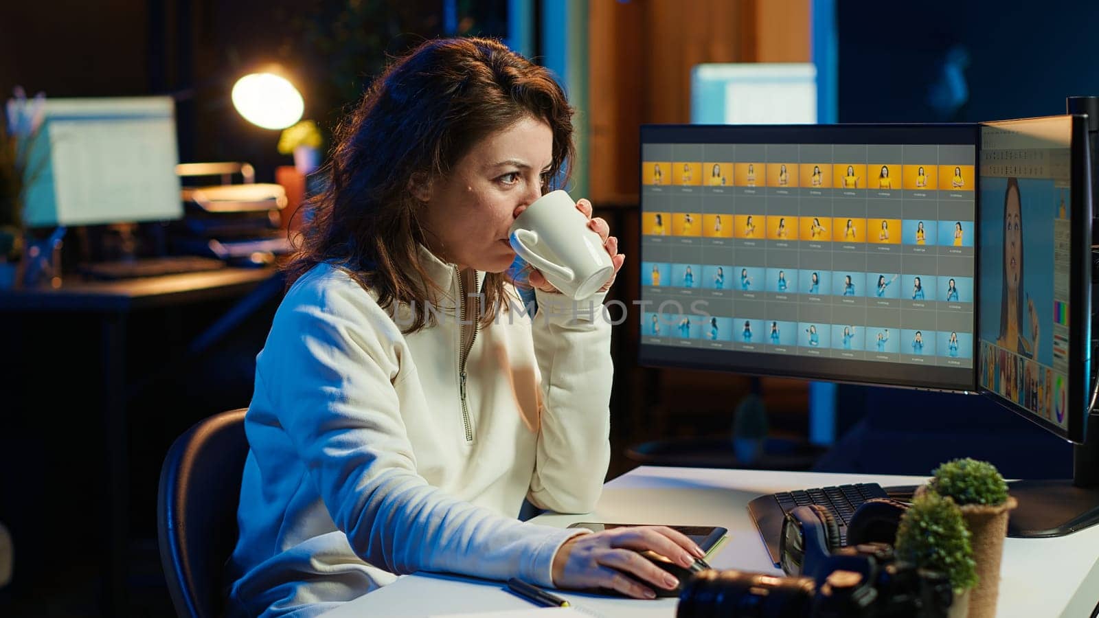Photo editor at work in media agency selecting editorial pictures taken with professional camera for fashion magazine. Photographer in studio drinking coffee, editing pics, camera A