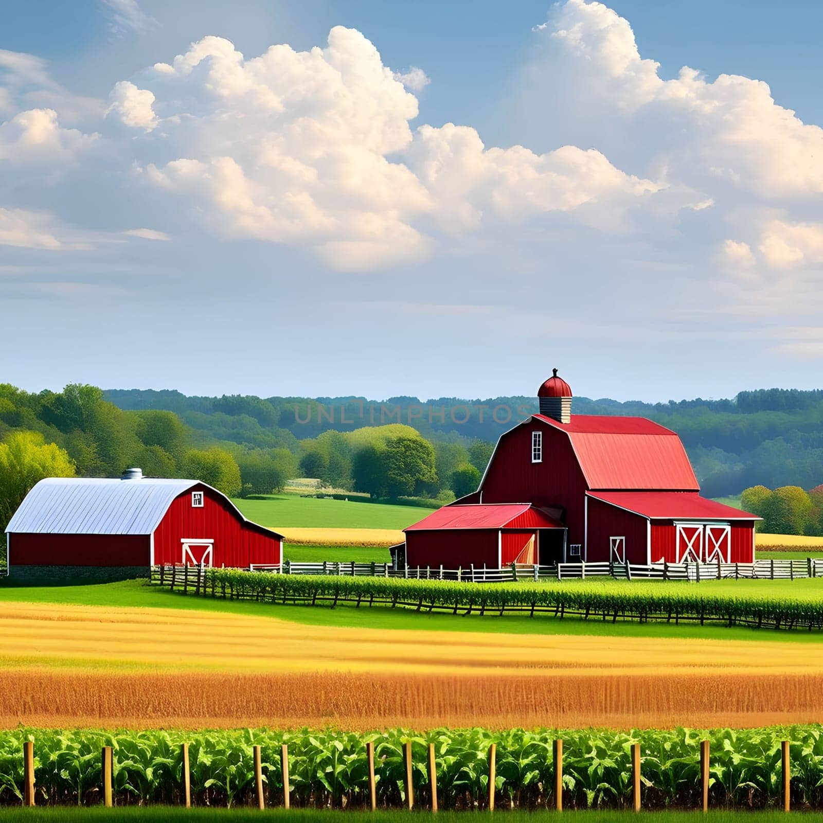 Farm life nature green grass yellow house village field work summer day opendoor generated ai alt . High quality photo