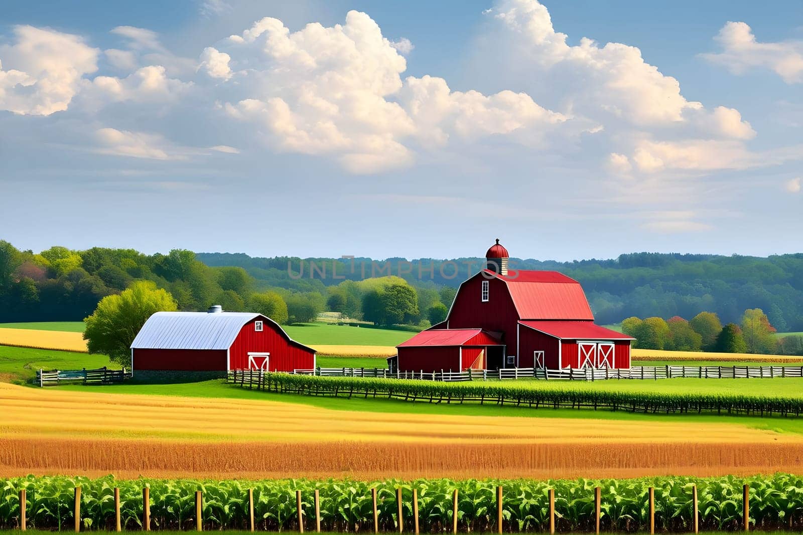 Farm life nature green grass yellow house village field work summer day opendoor generated ai alt . High quality photo
