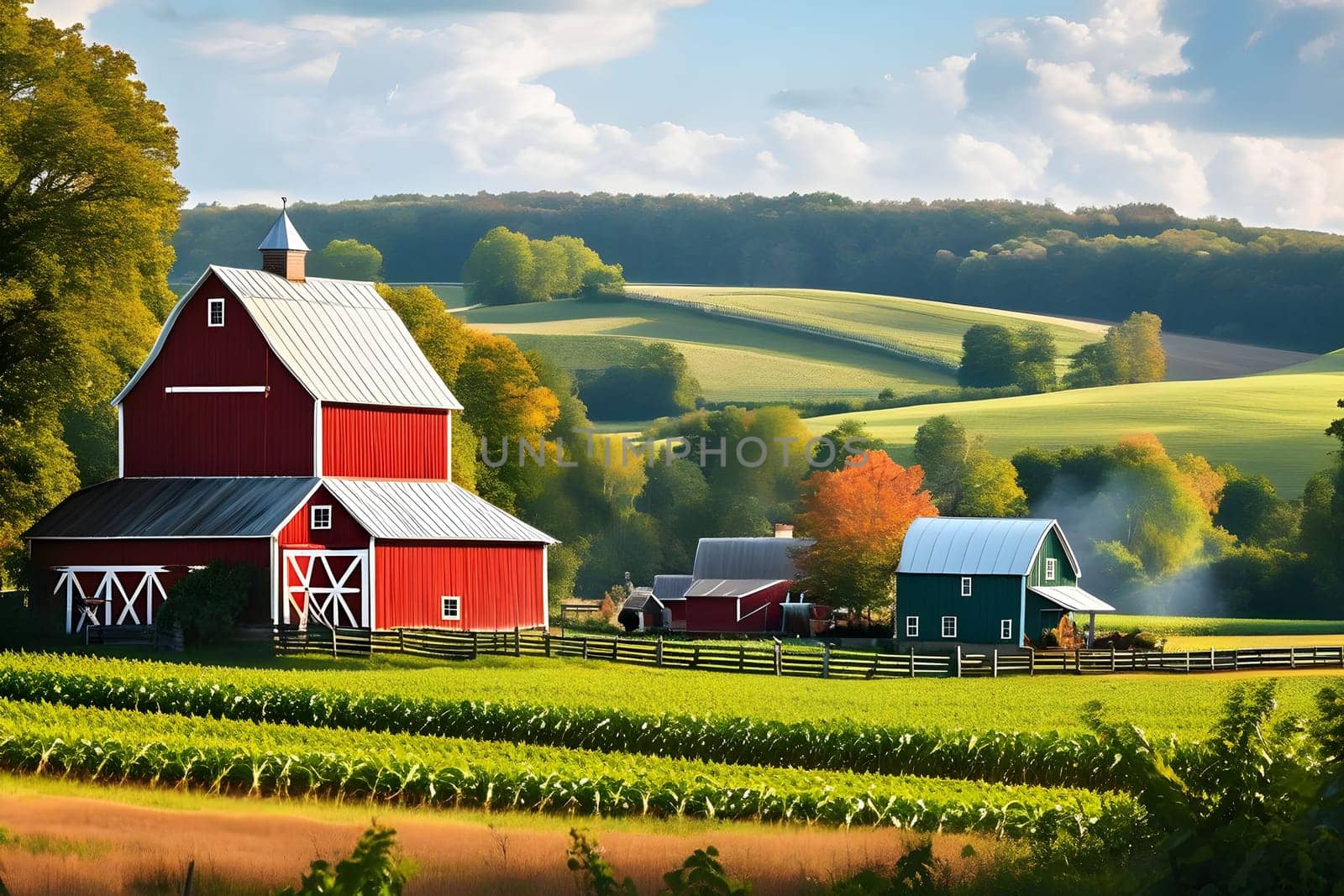 Farm life nature green grass yellow house village field work summer day opendoor generated ai alt . High quality photo