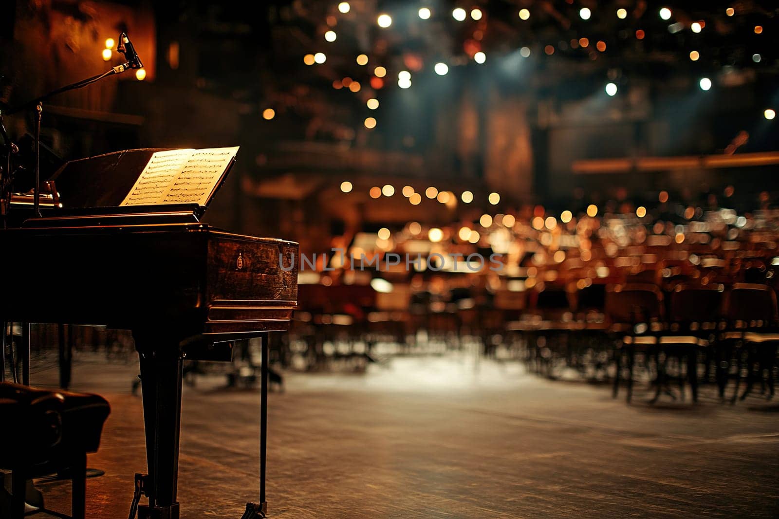 A piano on a small stage in a private club before a concert. Empty seats in the background.