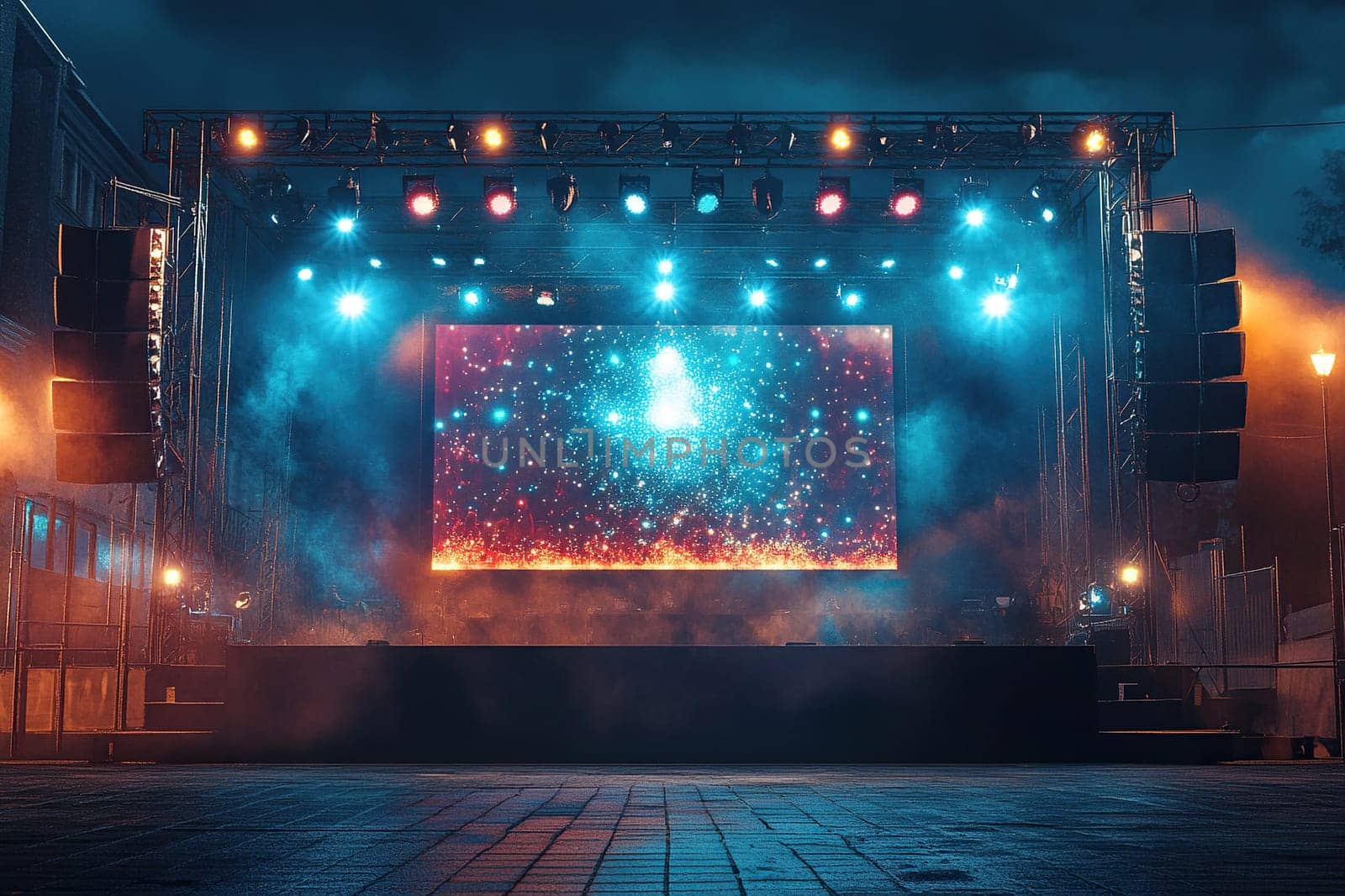 Outdoor stage with musical instruments and a big screen in stage smoke and neon lighting. Crowd of people in front of an empty stage.