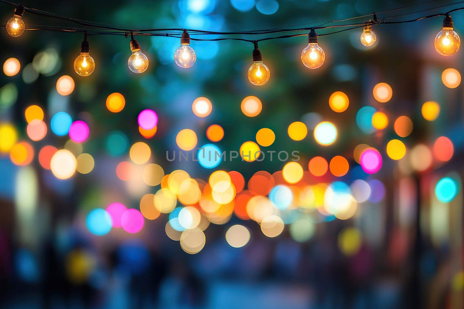 Abstract blurred image of garland lights at night street festival. Vintage background. Blur street party