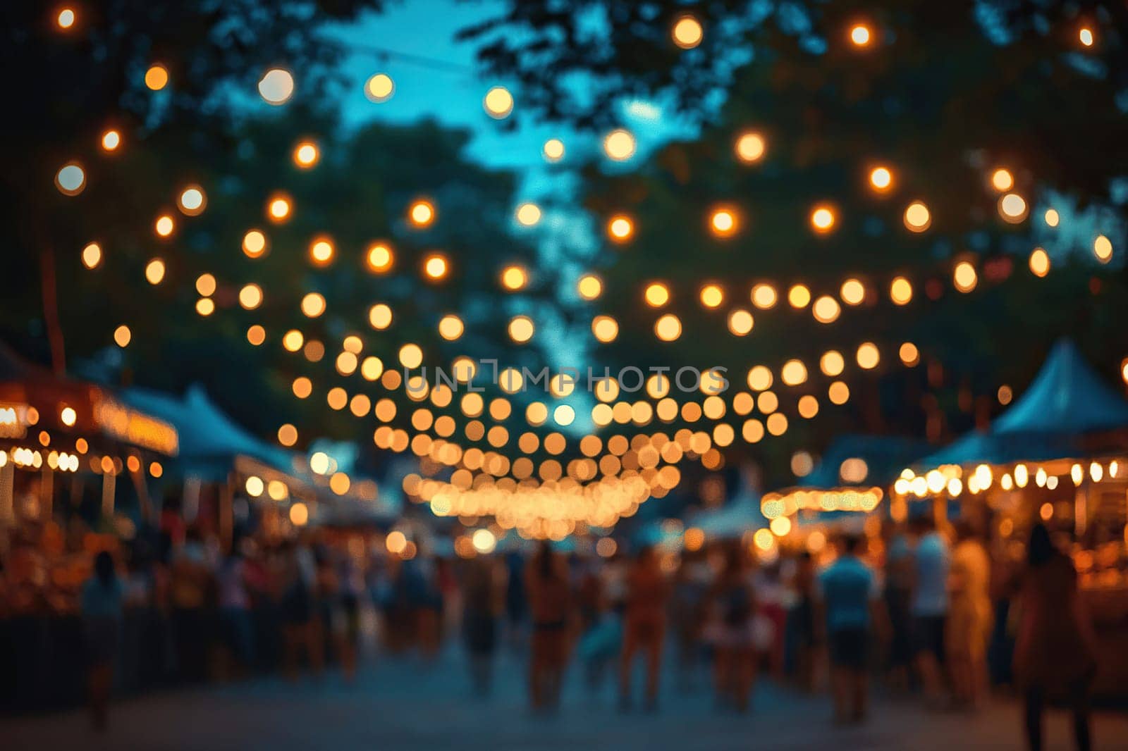 Abstract blurred image of garland and lights on the street of the night city. Blurred background of the street festival.