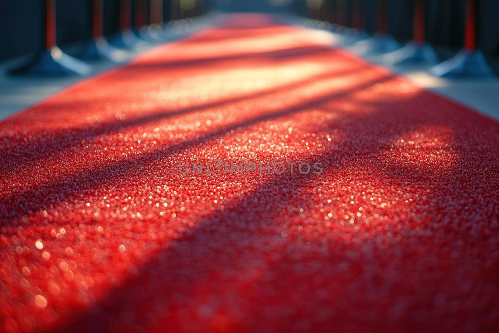 Close-up of the red carpet for celebrities and guests of an expensive event. Wide panoramic rope fence with metal posts. Sun light