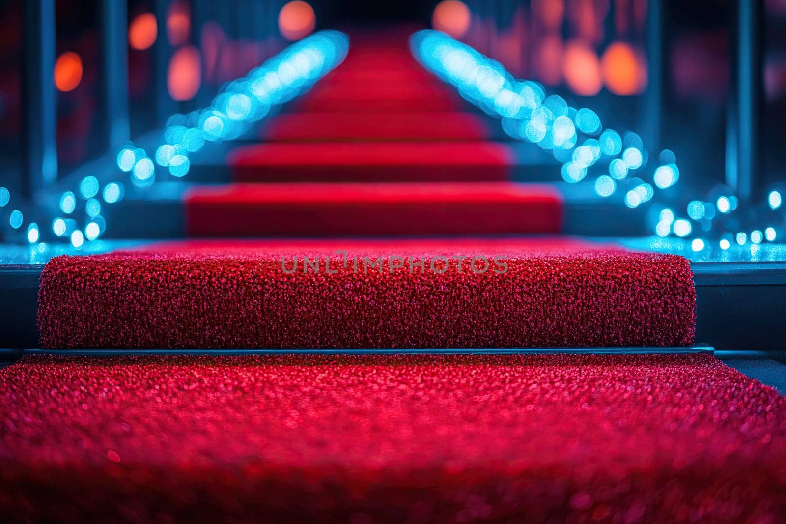 Red carpet on the stairs with metal railings and neon lighting. Concept of a music or film festival.
