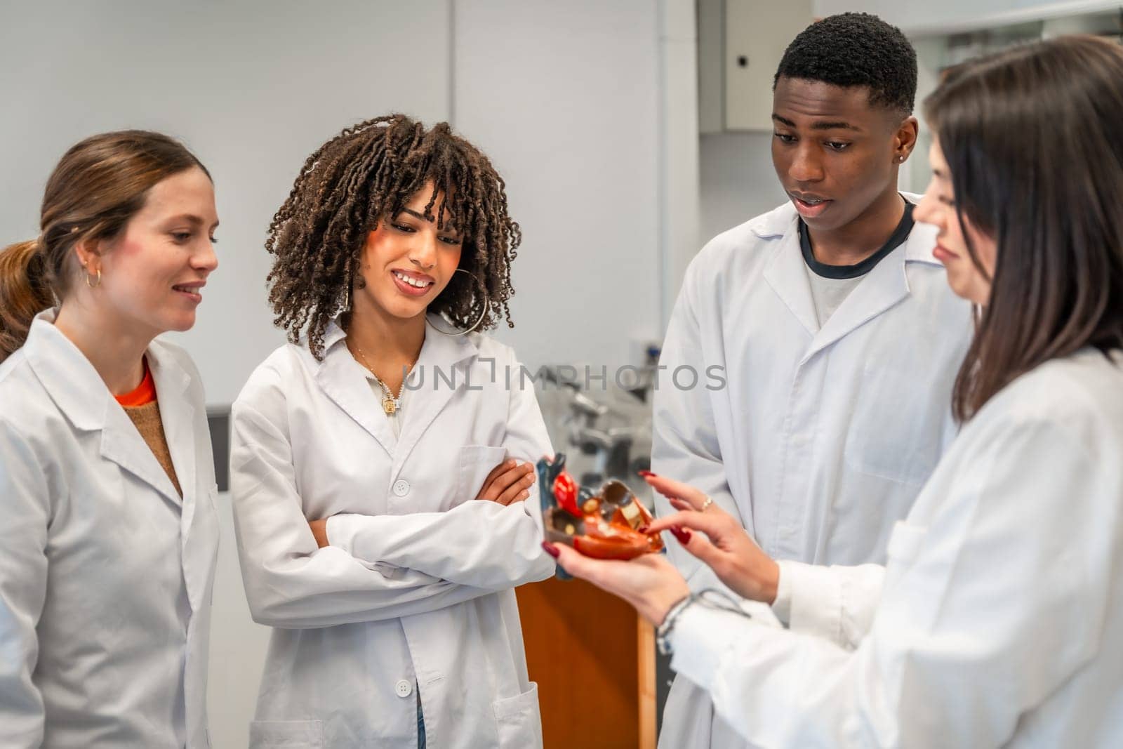 Professor showing a heart model to her students during an anatomy lesson in university classroom
