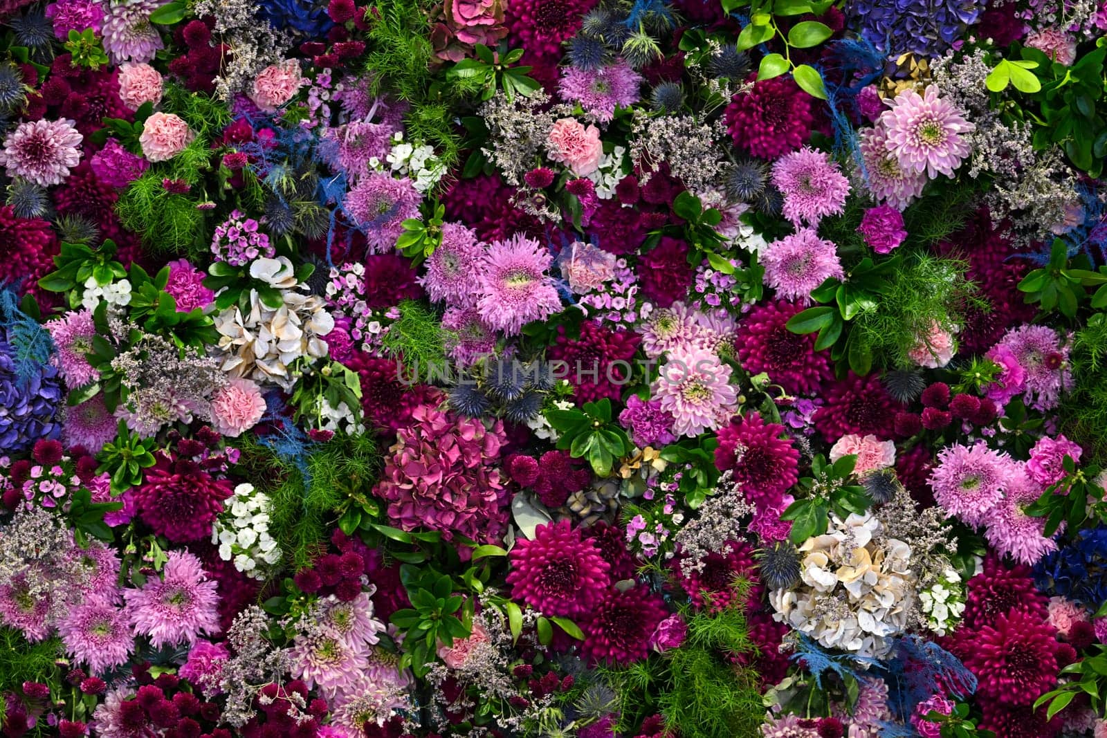 Lush floral display fills the backdrop with an exuberance of colors and textures, featuring diverse blooms and greenery, ideal for celebrations or decorative purposes.