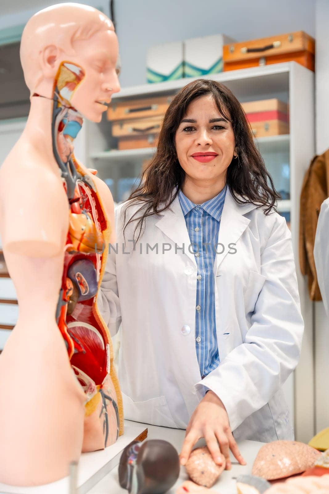 Smiling medical student pointing at anatomical model organs during anatomy lesson in university classroom