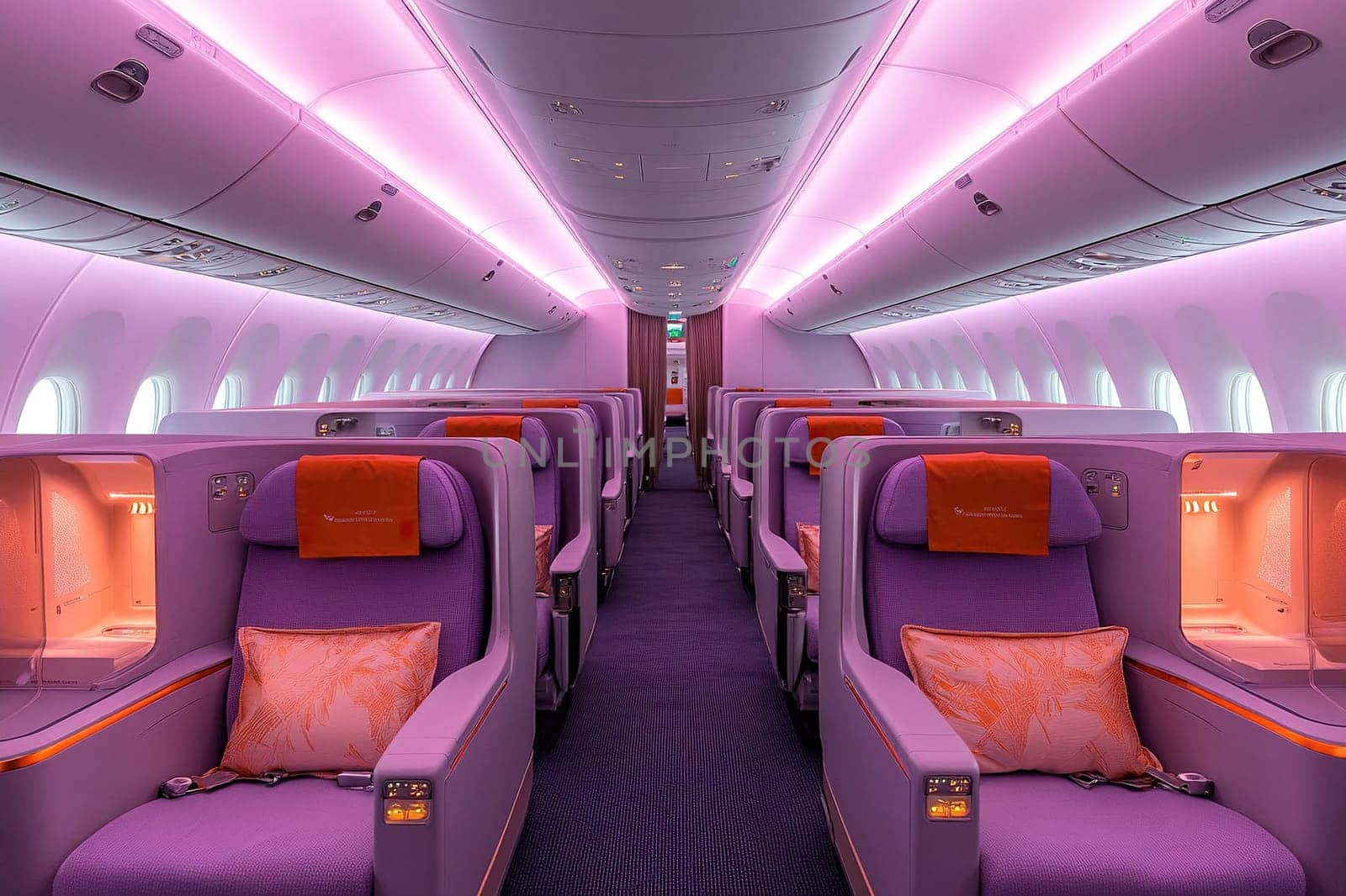 Luxurious interior of an empty airplane cabin in business class. Comfortable seats in the airplane.