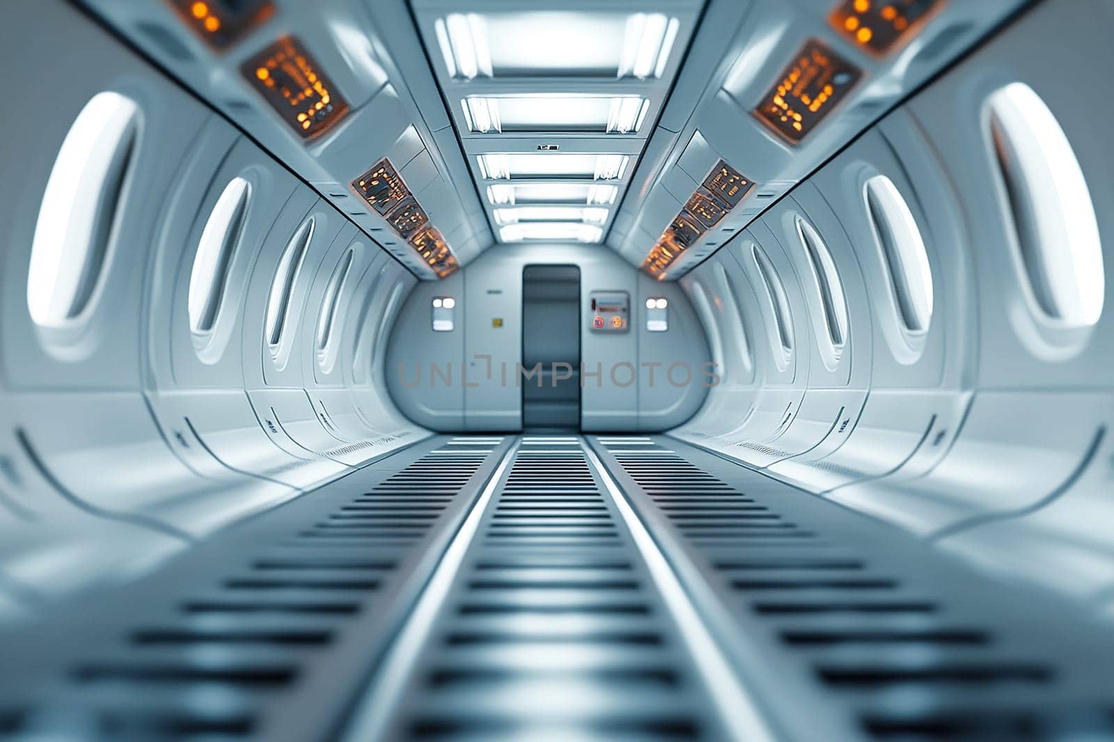 Space station concept. Interior inside the space station. Corridor, portholes and door.