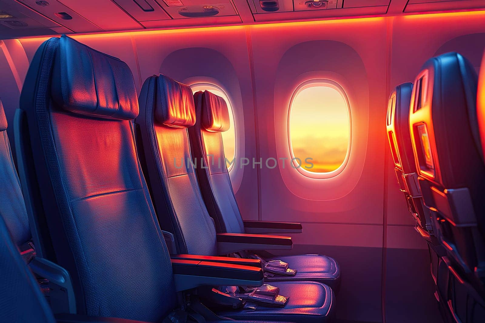 Three empty airplane seats in soft lighting. Dawn in the airplane window. Interior of economy class passenger plane cabin