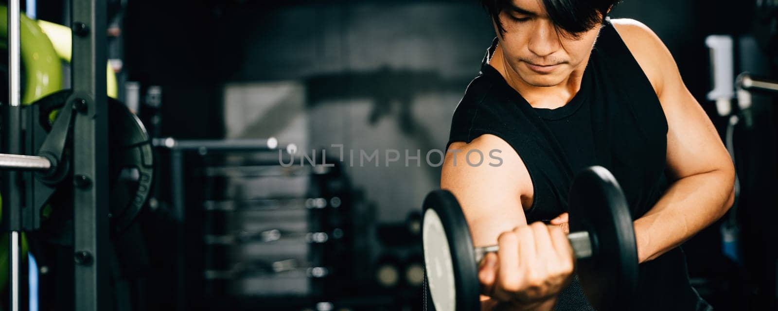 Asian man Muscular guy lifting dumbbell while sitting on bench gym, men using dumbbell during workout pumping up bicep muscle at fitness gym, workout healthy lifestyle concept