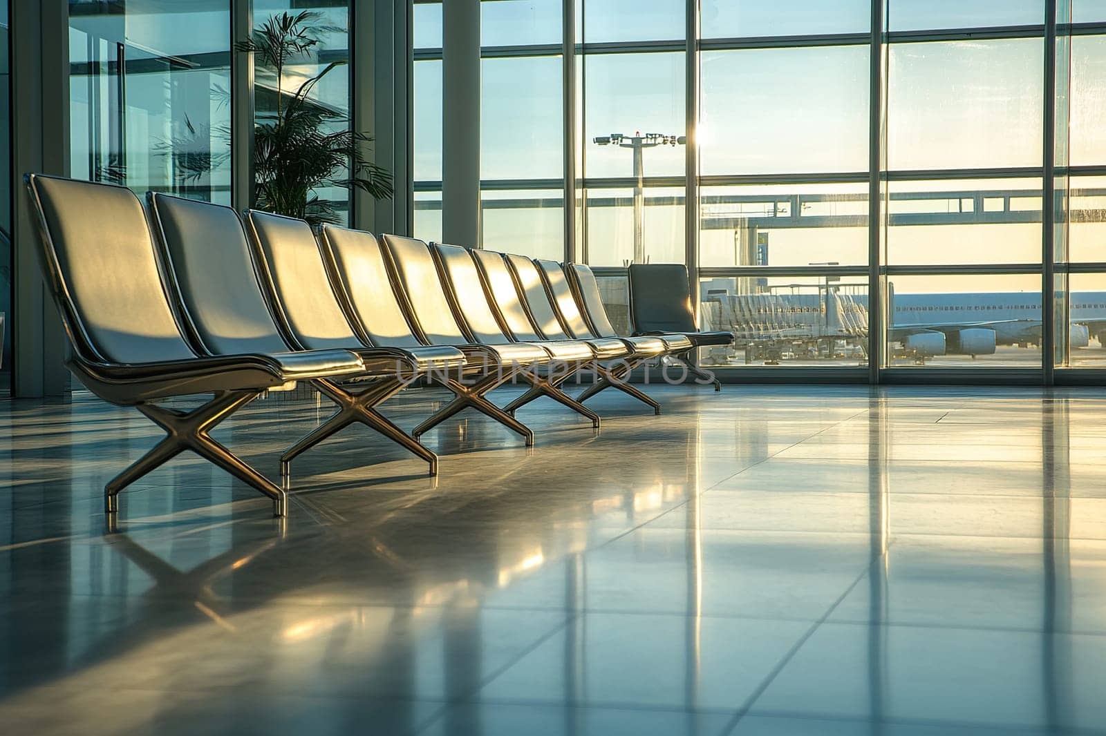 Empty airport departure lounge interior with seating. Glass window of airport terminal. Travel and transportation concepts.