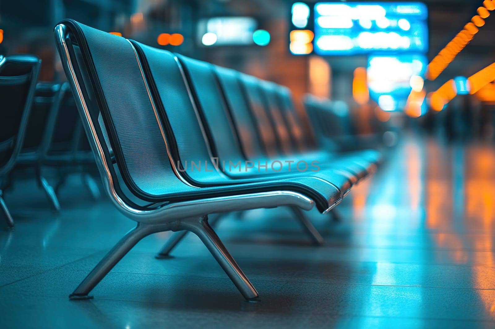 Airport departure lounge with rows of seats and blurred background.
