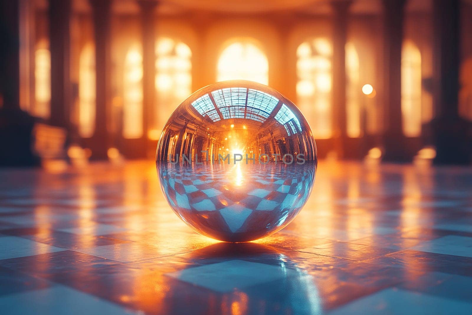 Disco ball in sunlight with floor reflections in a spacious hall.