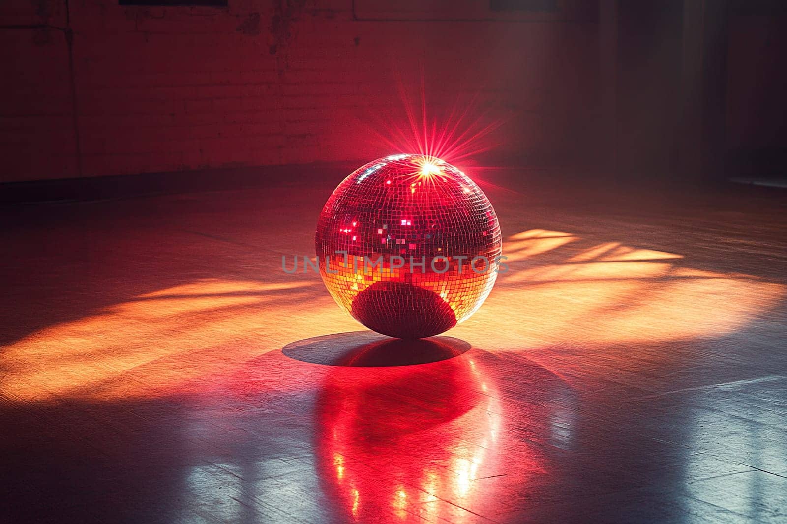Mirror ball with bright light in empty dance hall