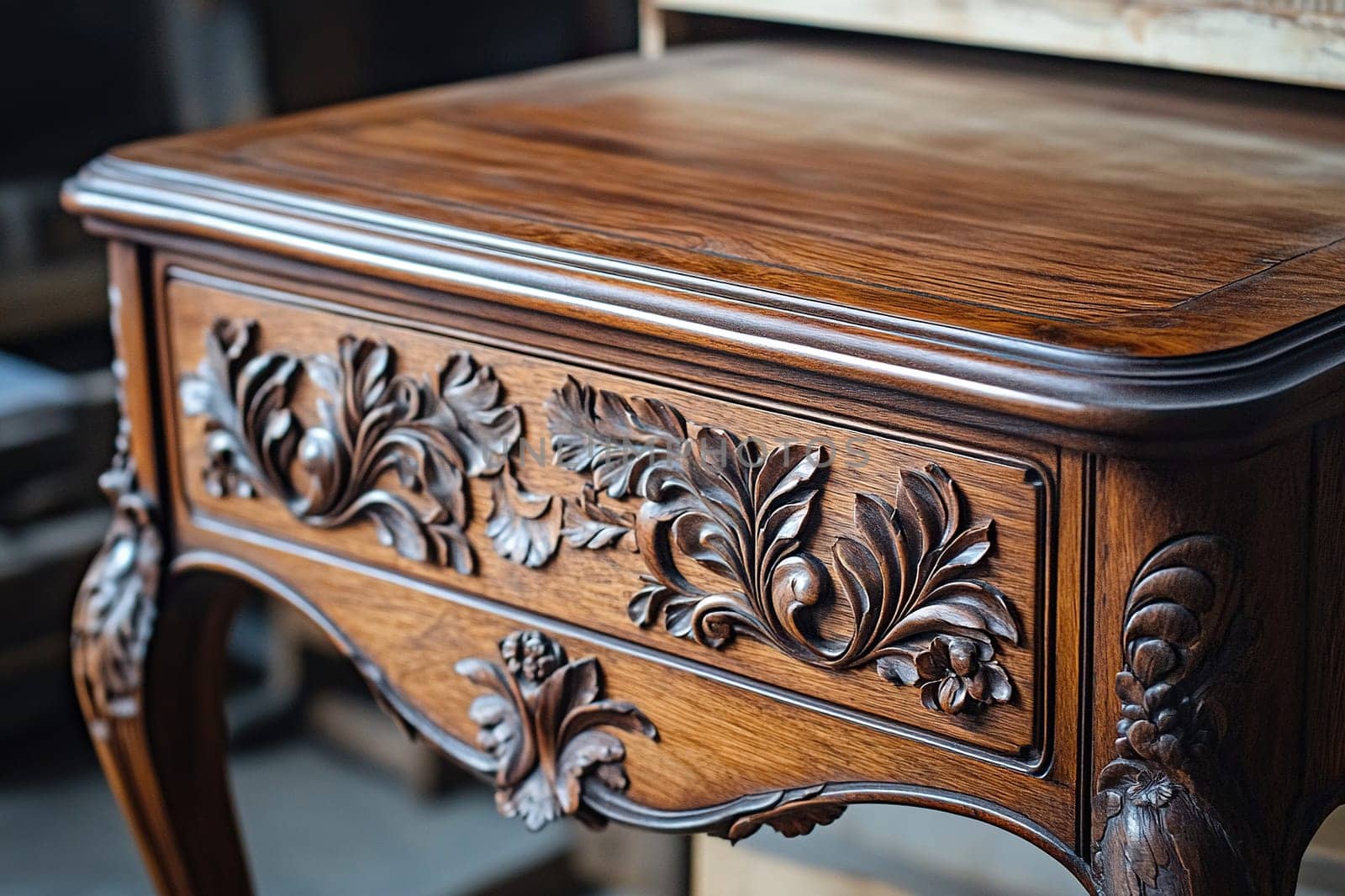 Vintage mahogany table with carving. Antique furniture concept