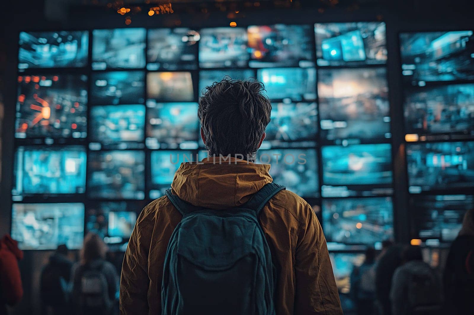 Rear view of a young man looking at an animated content stream. Visualization of browsing a big data metaverse with viral videos, social media profiles.