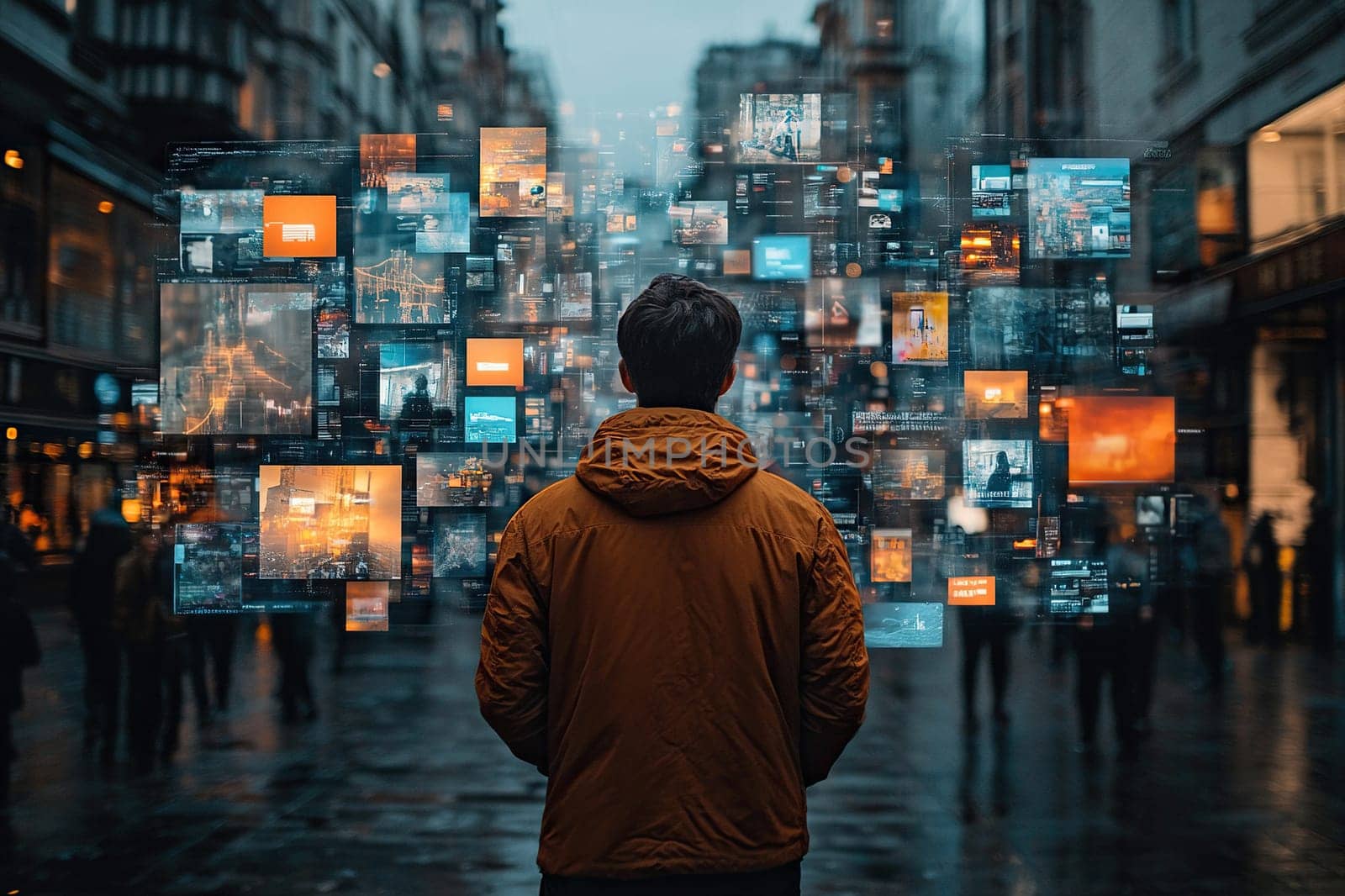 Back view of caucasian man connecting to animated stream of content
