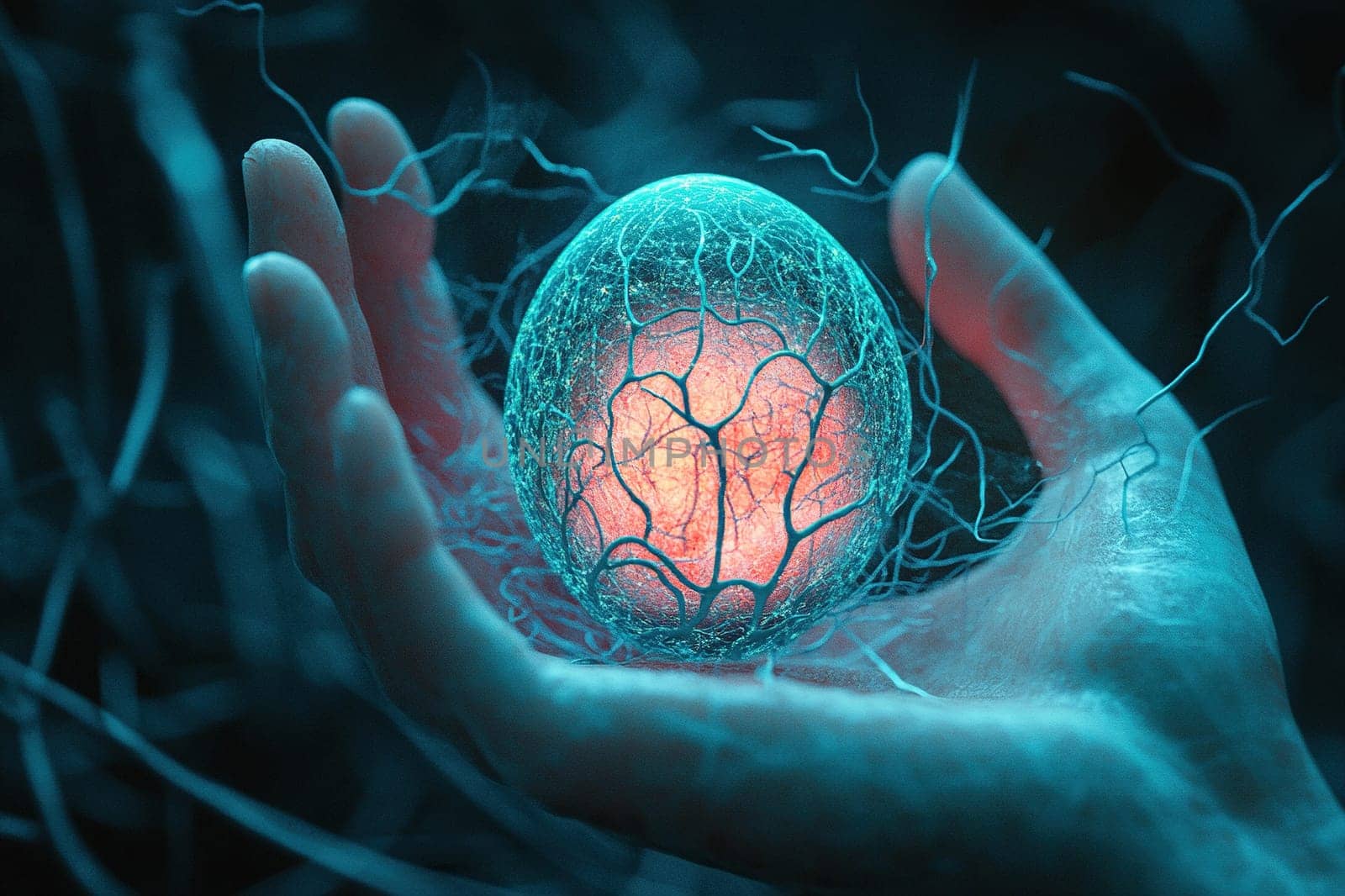 A small embryo of a neural brain with glowing fluorescent dots in a human palm on a dark background. The concept of artificial intelligence.