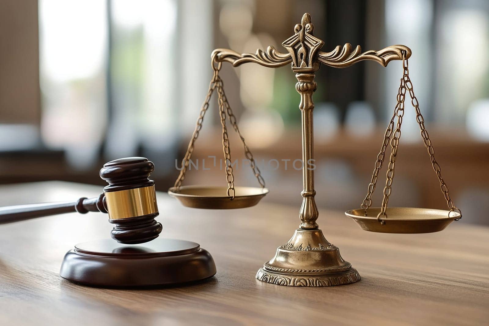 Scales of law on a wooden table. Symbol of justice.