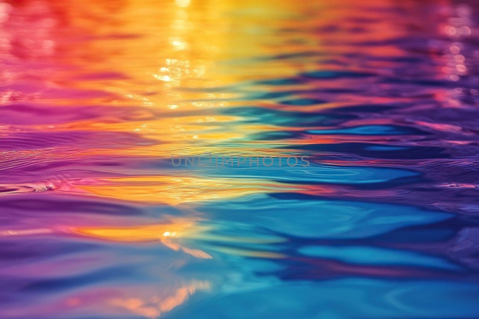 The sun's rays reflect different colors off the ripples in the water.