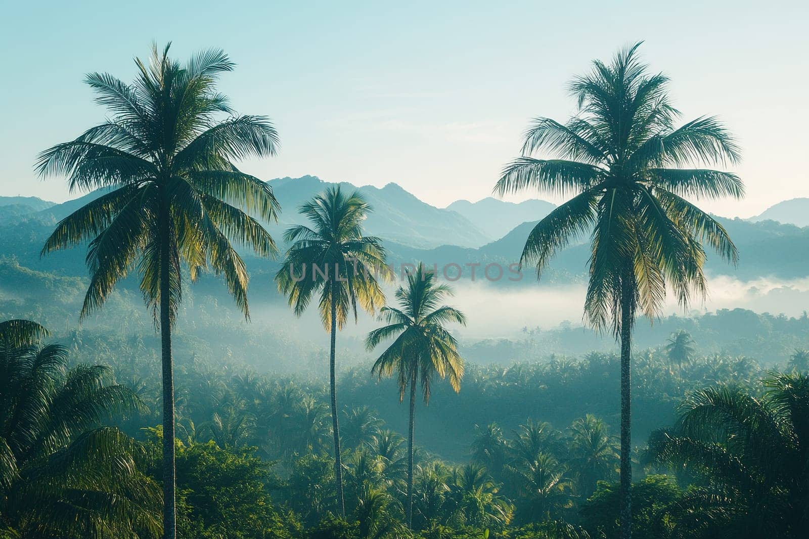 Front view of tall palm trees against the backdrop of mountains and sky. Beautiful tropical landscape.