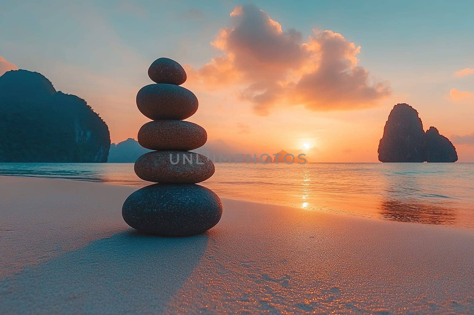 Stack of round smooth stones on a seashore, sunset. Mental health and meditation concept.
