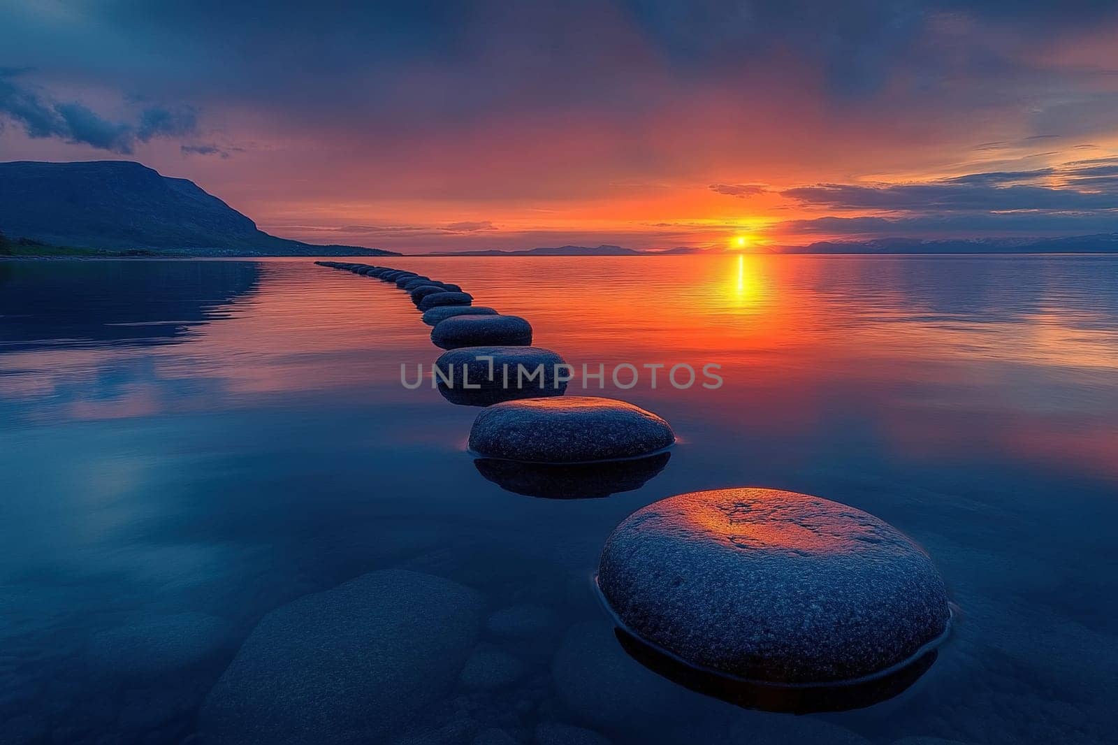 Photo of balanced stones in the sea at sunset, symbolizing harmony and balance.