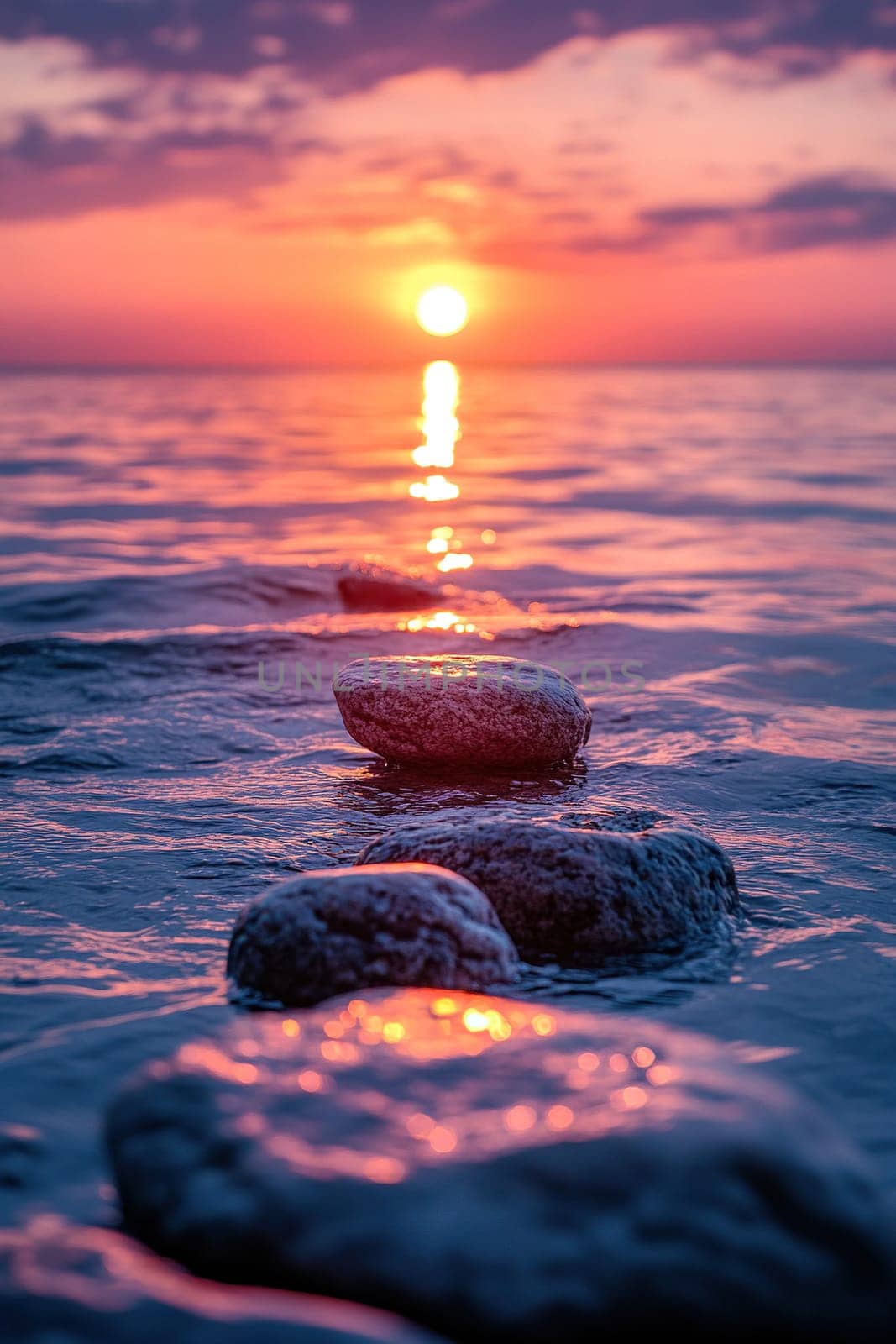 Photo of balanced stones in the sea at sunset, symbolizing harmony and balance for meditation or spa