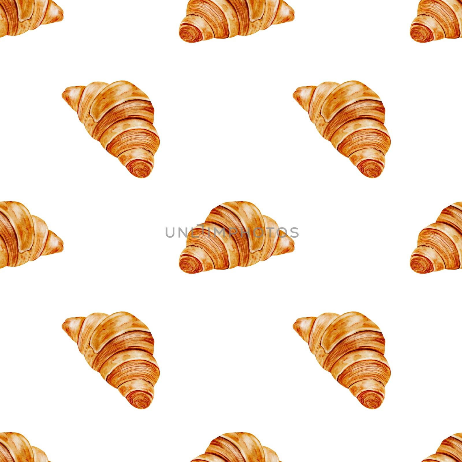 Croissant watercolor pattern. Hand drawn fresh french bun. Food clip art.Ideal for printing packaging in bakery shops, table linens.