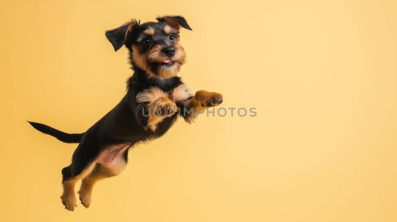 Happy active small Yorkshire Terrier dog leaps in mid air, pet playing, playful dog jumps into the air forward, on yellow studio background, side view
