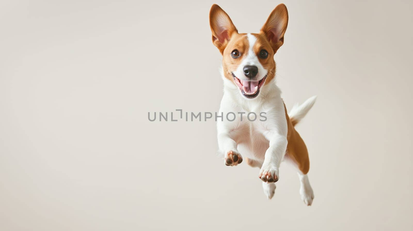 Happy active small Jack Russell Terrier dog leaps in mid air, pet playing, playful dog jumps into the air forward, on white studio background, advertising