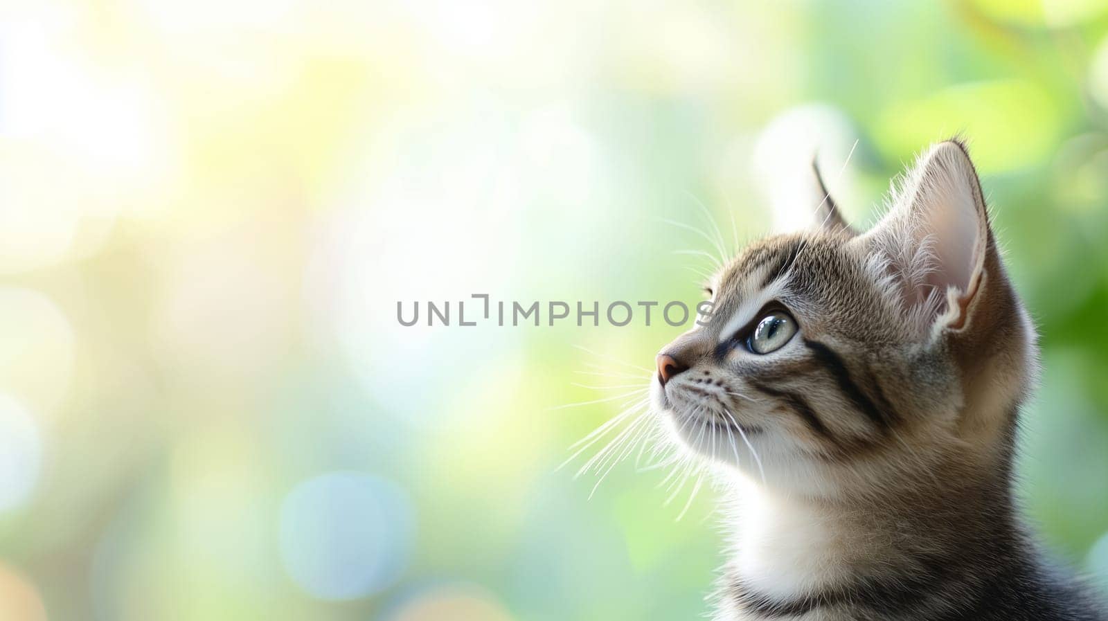 Close-up portrait of curious domestic young tabby cat looking away on summer sunny background with green bokeh, copy space, side view