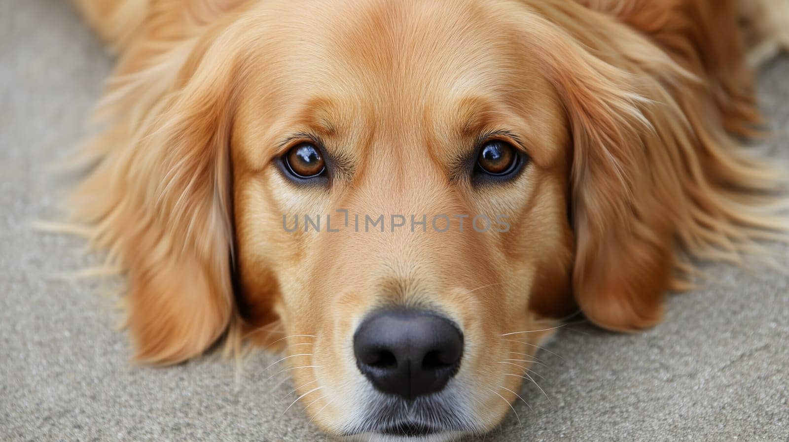 Close-up portrait of sad lost unhappy Golden Retriever dog lying on ground on city street, looking at camera