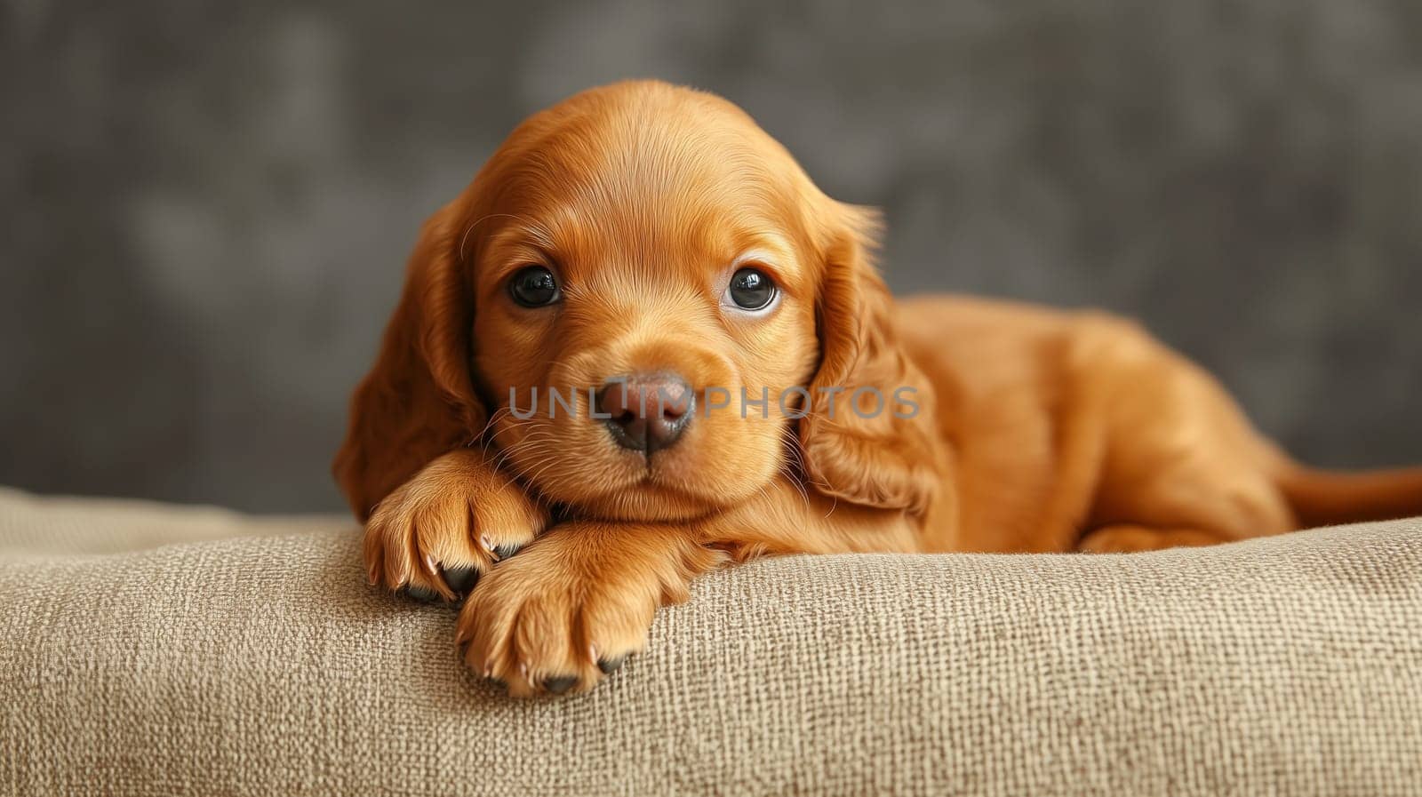Portrait of adorable ginger cocker spaniel puppy dog lying on studio background